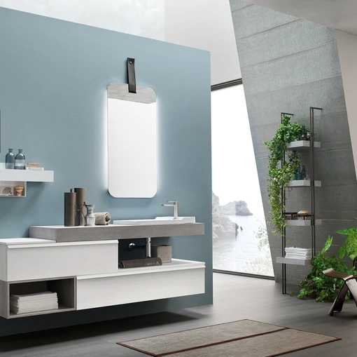 Mobile da Bagno sospeso Start Line 03 in melaminico Olmo Gesso e Trama Grigio di Ardeco