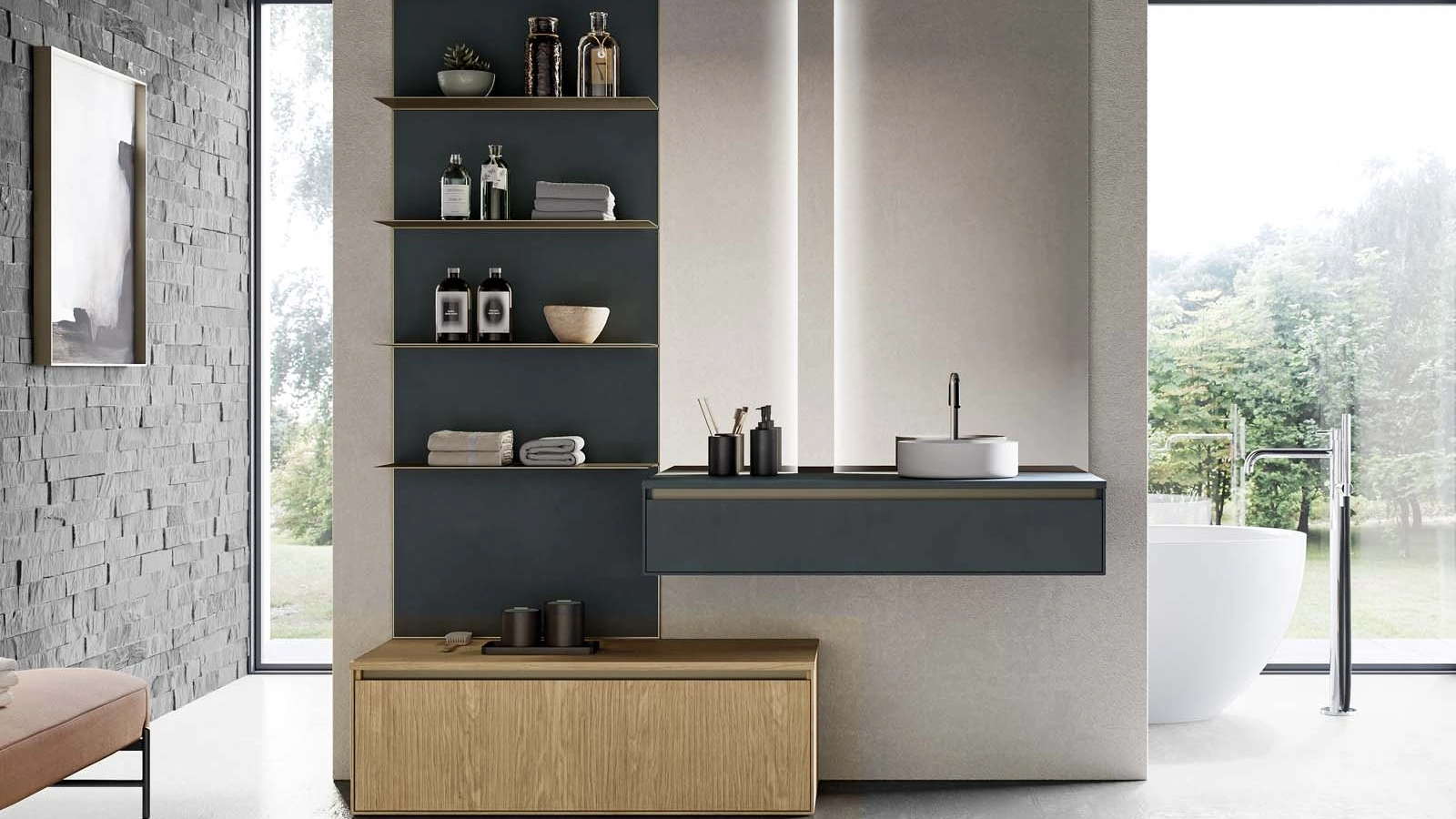 Mobile da Bagno sospeso in laccato opaco grigio antracite e canneté essenza rovere naturale Traccia 06 di Birex