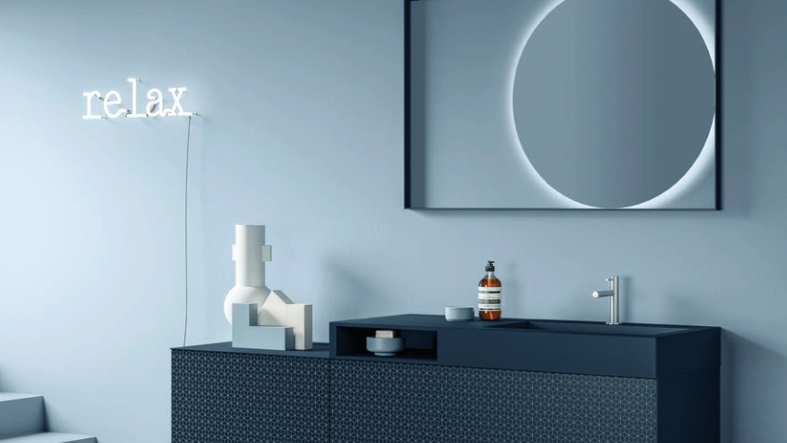 Mobile da Bagno sospeso in laccato Blu Notte con stampa serigrafica ad esagoni Vintage 01 Deep Blue di Ardeco