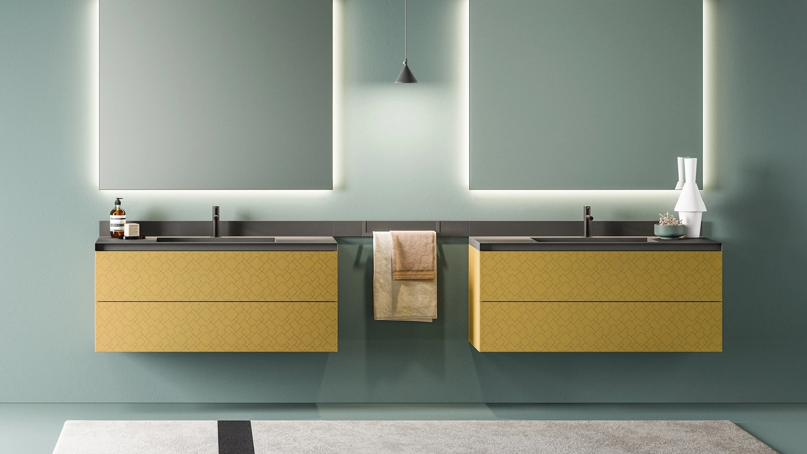 Mobile da Bagno sospeso in laccato Senape opaco con serigrafia Vintage 04 Urban Contrast di Ardeco