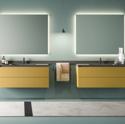 Mobile da Bagno sospeso in laccato Senape opaco con serigrafia Vintage 04 Urban Contrast di Ardeco