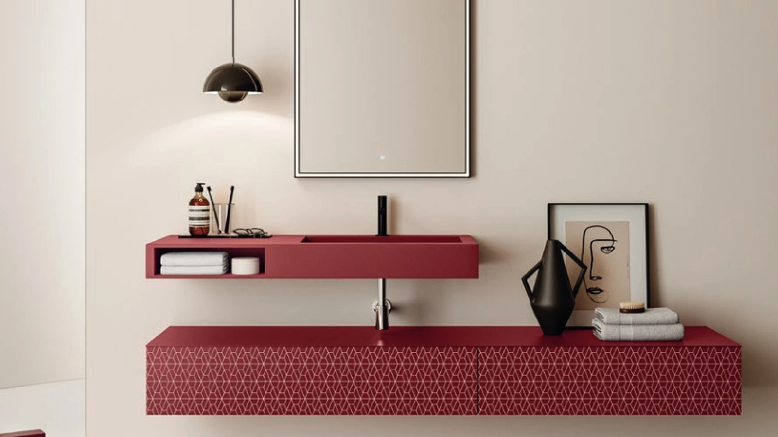 Mobile da Bagno in laccato Bordeaux opaco serigrafato con lavabo in metallo verniciato con vano a giorno frontale Vintage 07 Luminous Beauty di Ardeco