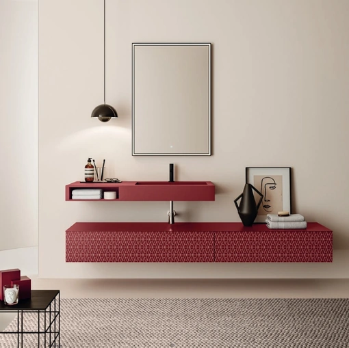 Mobile da Bagno in laccato Bordeaux opaco serigrafato con lavabo in metallo verniciato con vano a giorno frontale Vintage 07 Luminous Beauty di Ardeco