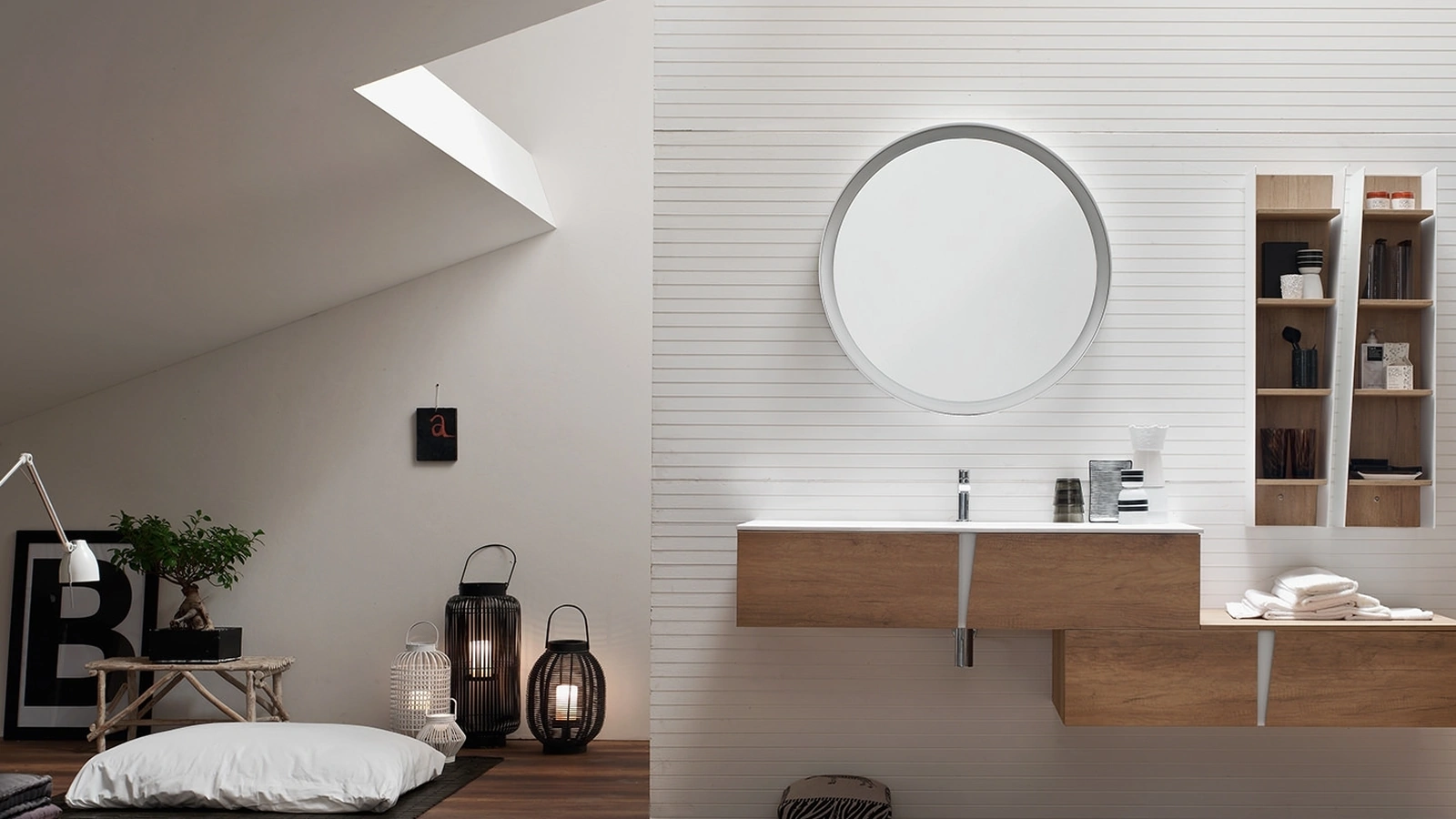 Mobile da Bagno in melaminico Nodato Miele effetto legno con maniglie in metallo Bianco Wector 04 di Ardeco
