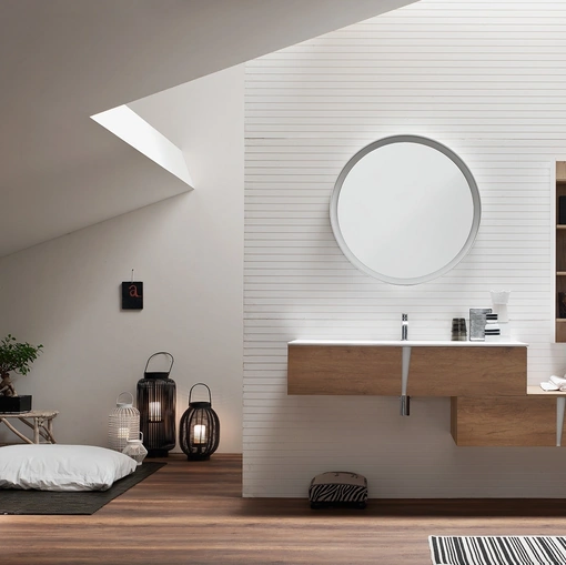 Mobile da Bagno in melaminico Nodato Miele effetto legno con maniglie in metallo Bianco Wector 04 di Ardeco