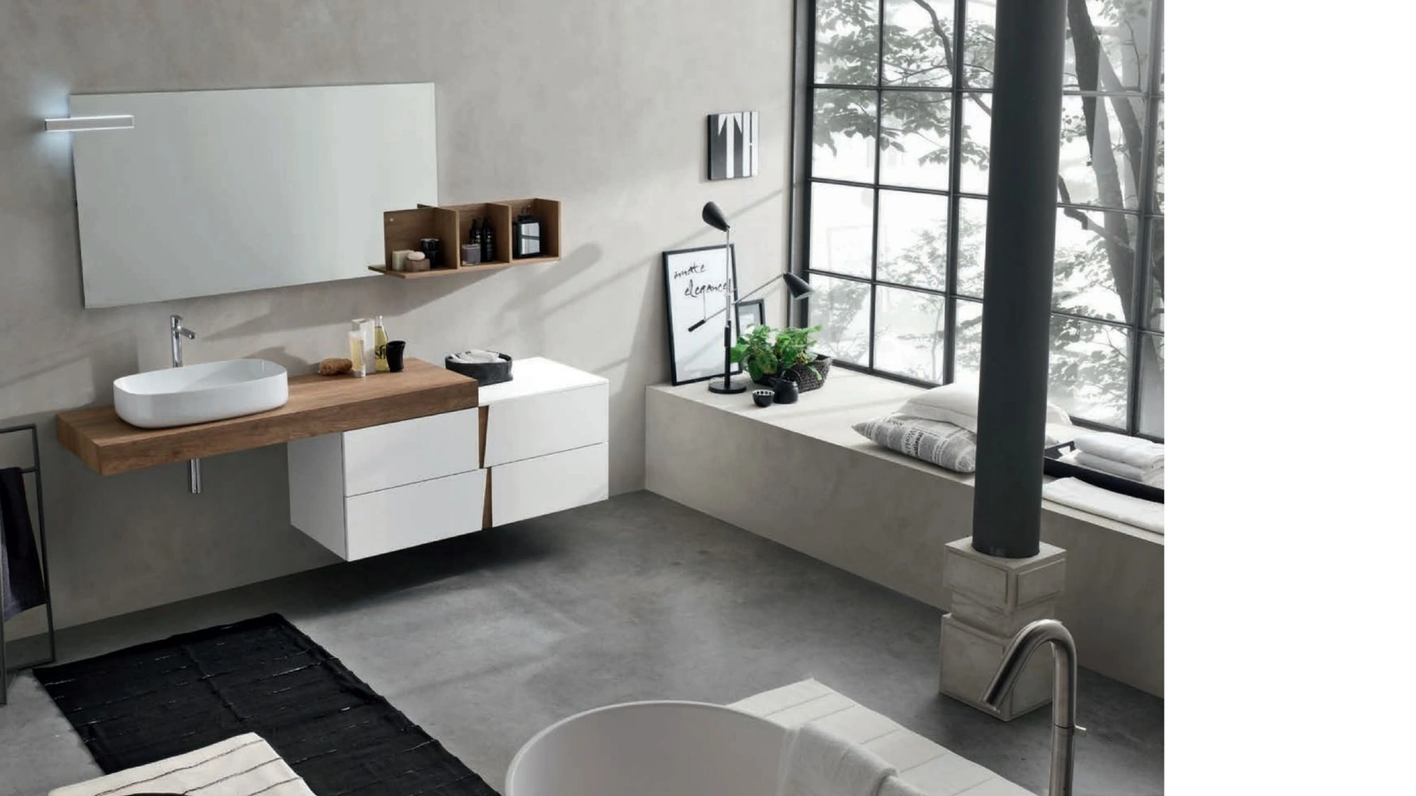 Mobile da Bagno in laccato Bianco opaco con top in melaminico effetto legno Wector 05 di Ardeco