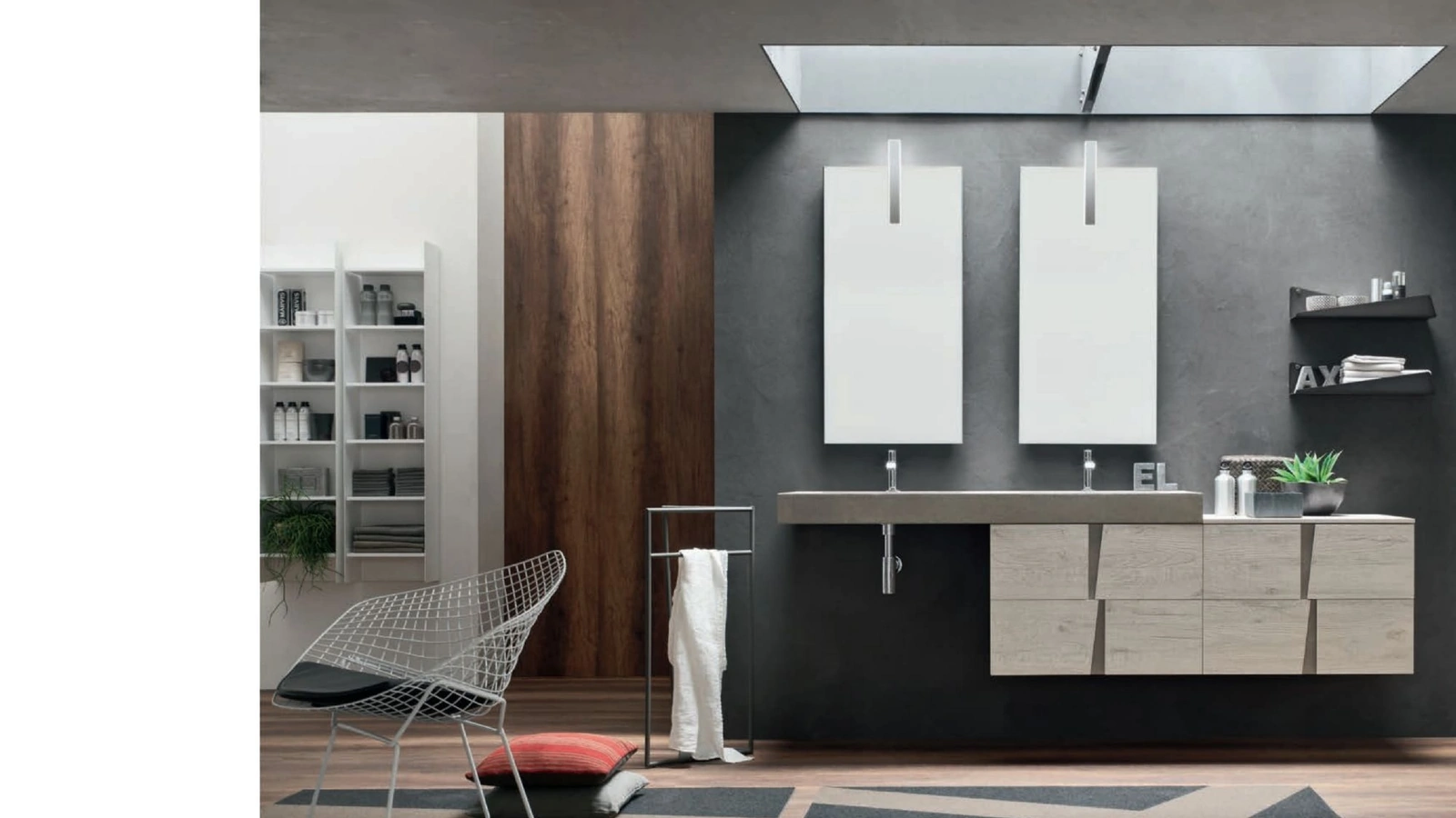 Mobile da Bagno sospeso in melaminico Nodato Bianco con top con doppio lavabo e maniglie in Ecomalta Wector 15 di Ardeco