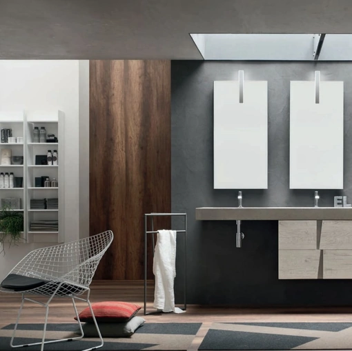 Mobile da Bagno sospeso in melaminico Nodato Bianco con top con doppio lavabo e maniglie in Ecomalta Wector 15 di Ardeco