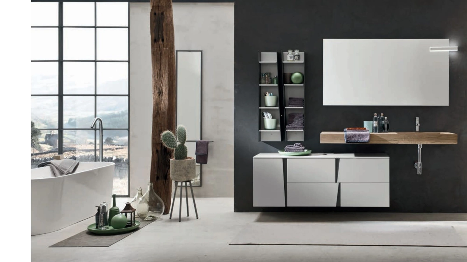 Mobile da Bagno sospeso in laccato Nebbia opaco con top integrato in HPL effetto legno Wector 01 di Ardeco