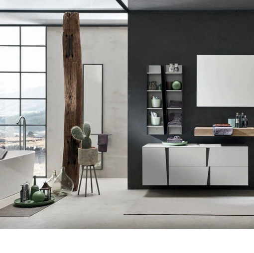 Mobile da Bagno sospeso in laccato Nebbia opaco con top integrato in HPL effetto legno Wector 01 di Ardeco