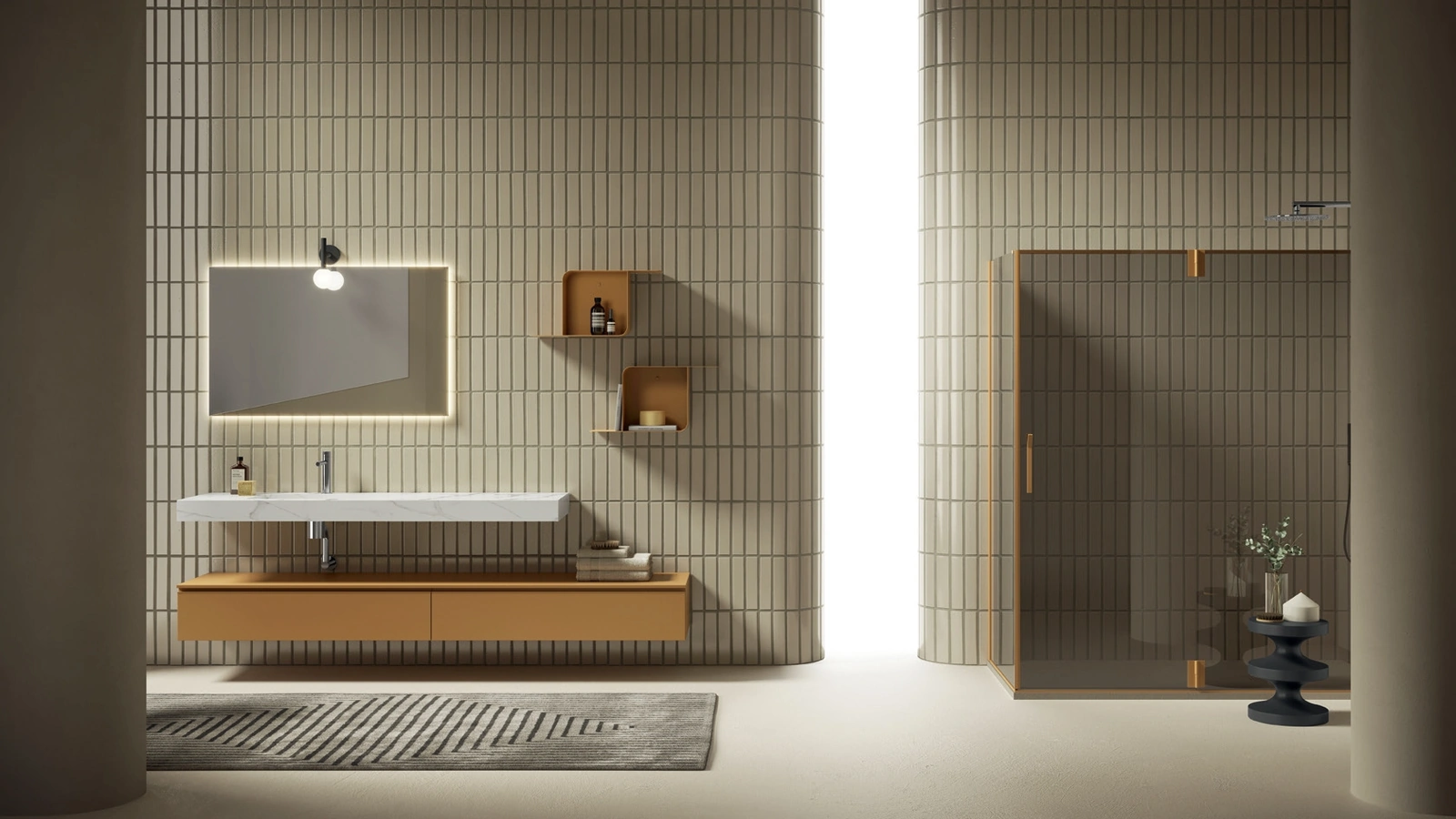 Mobile da Bagno sospeso Yang 01 in laccato cuoio opaco con top in HPL Statuario di Ardeco