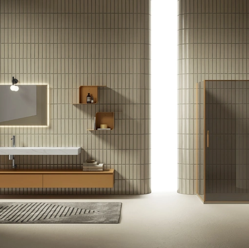 Mobile da Bagno sospeso Yang 01 in laccato cuoio opaco con top in HPL Statuario di Ardeco