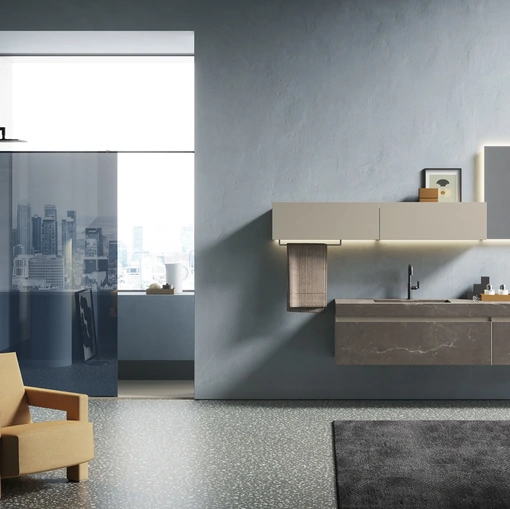 Mobile da Bagno sospeso Yoko 04 in HPL Botticino e laccato Creta di Ardeco