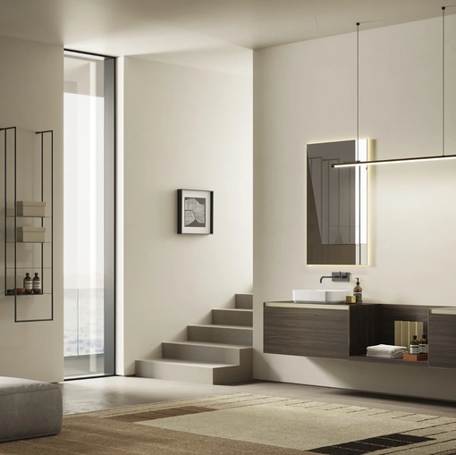 Mobile da Bagno sospeso Yoko 07 in melaminico Geowood Moka con doppio lavabo di Ardeco