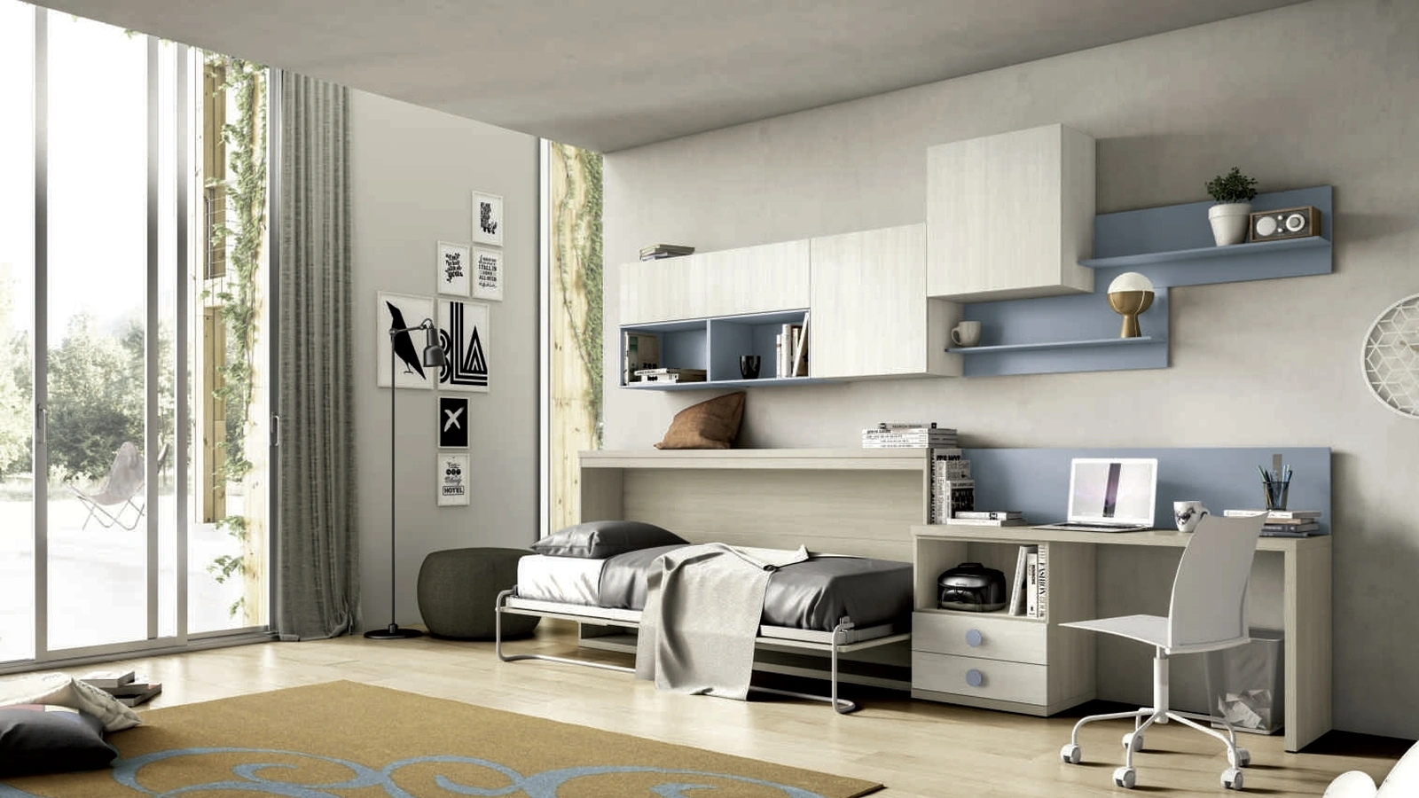 Cameretta salvaspazio con letto a scomparsa Composizione 715 in melaminico e laccato di Spagnol Mobili