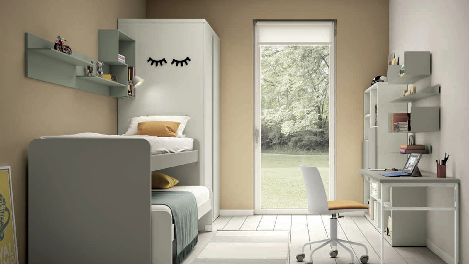 Cameretta salvaspazio Space 025 in laccato opaco con secondo letto estraibile di Spagnol Mobili