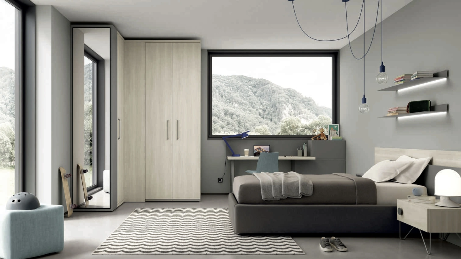 Cameretta componibile Space 009 in melaminico con armadio angolare di Spagnol Mobili