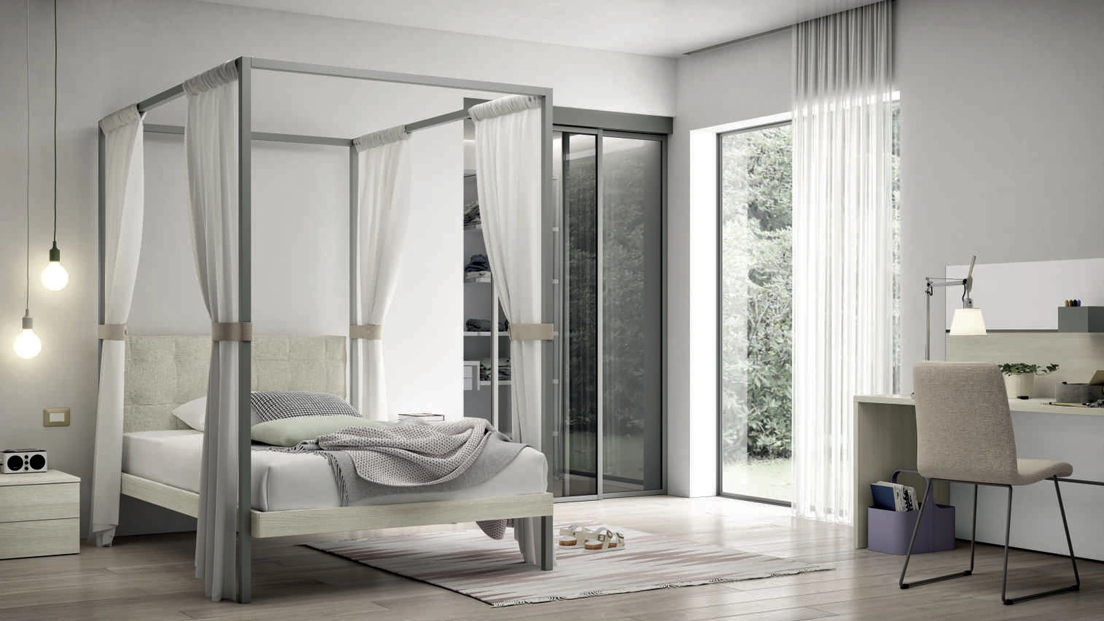 Cameretta componibile Space 014 con letto a baldacchino e angolo studio di Spagnol Mobili