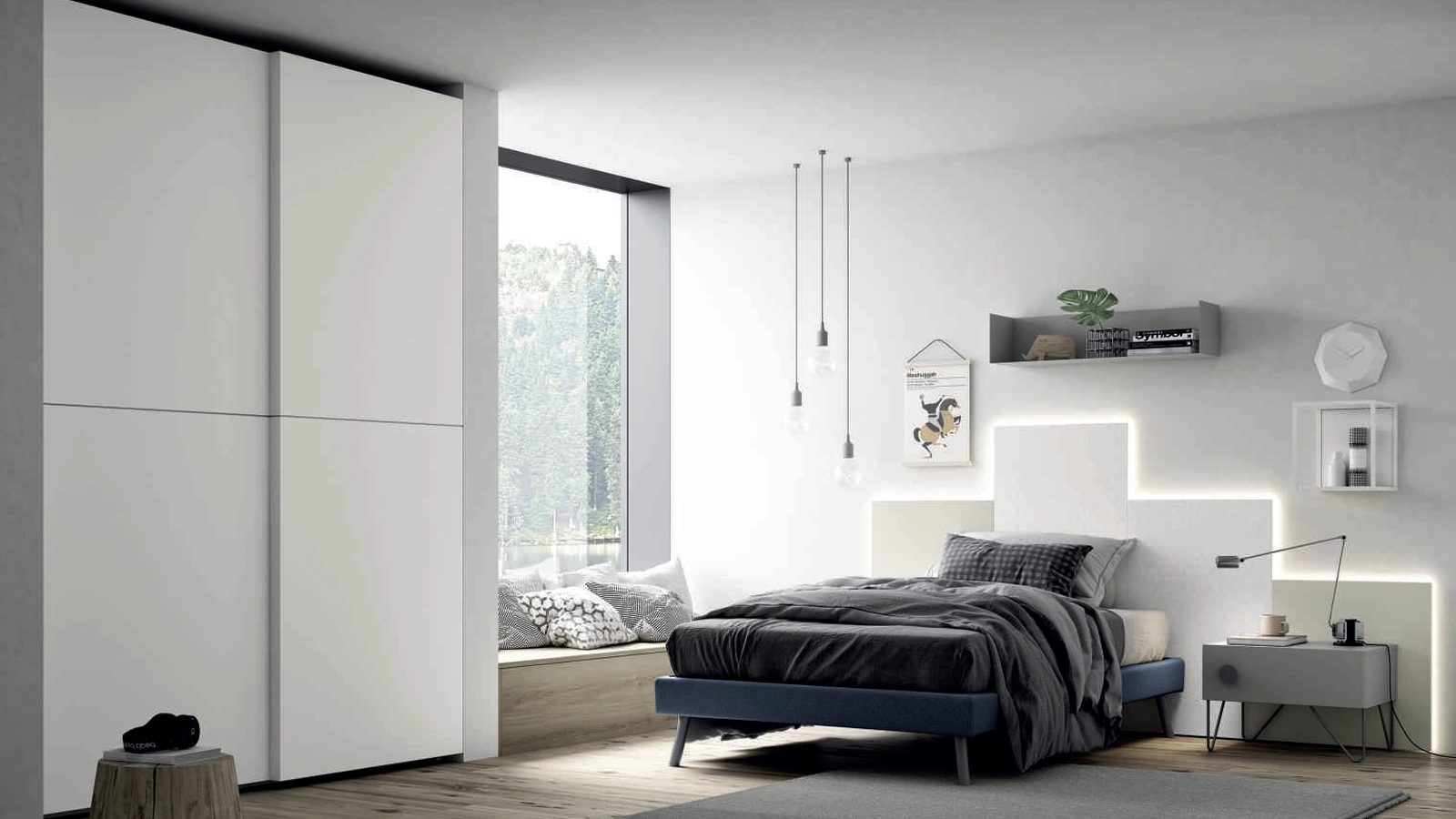 Cameretta componibile Space 018 con armadio ad ante scorrevoli di Spagnol Mobili