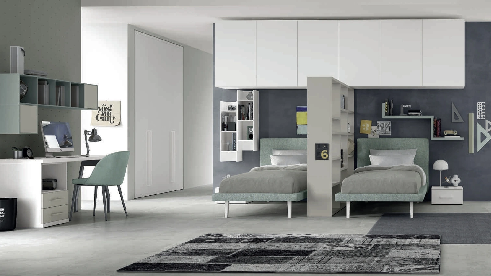 Cameretta componibile con armadio sospeso e due letti divisi da una libreria Space 024 di Spagnol Mobili