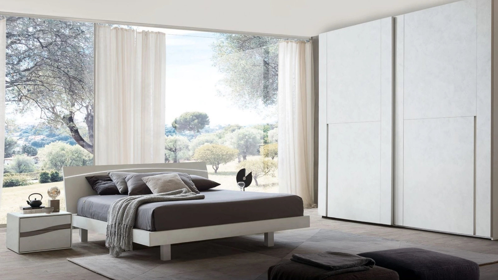 Comodino in finitura cemento bianco con maniglie in finitura olmo light Infinity Onda di S75