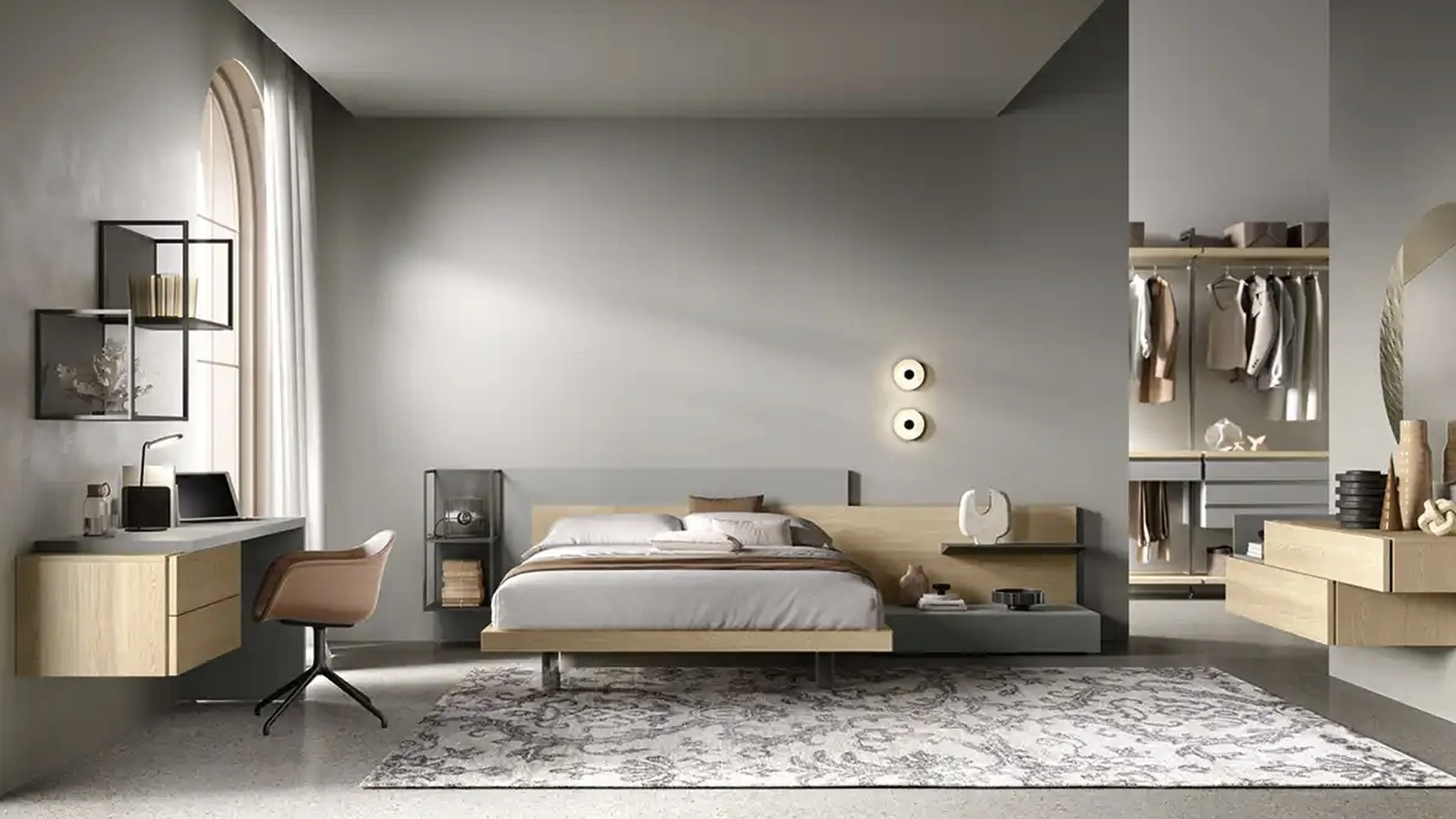 Letto Bipanel M13 in rovere miele e laccato cemento di Moretti Compact Giorno Notte