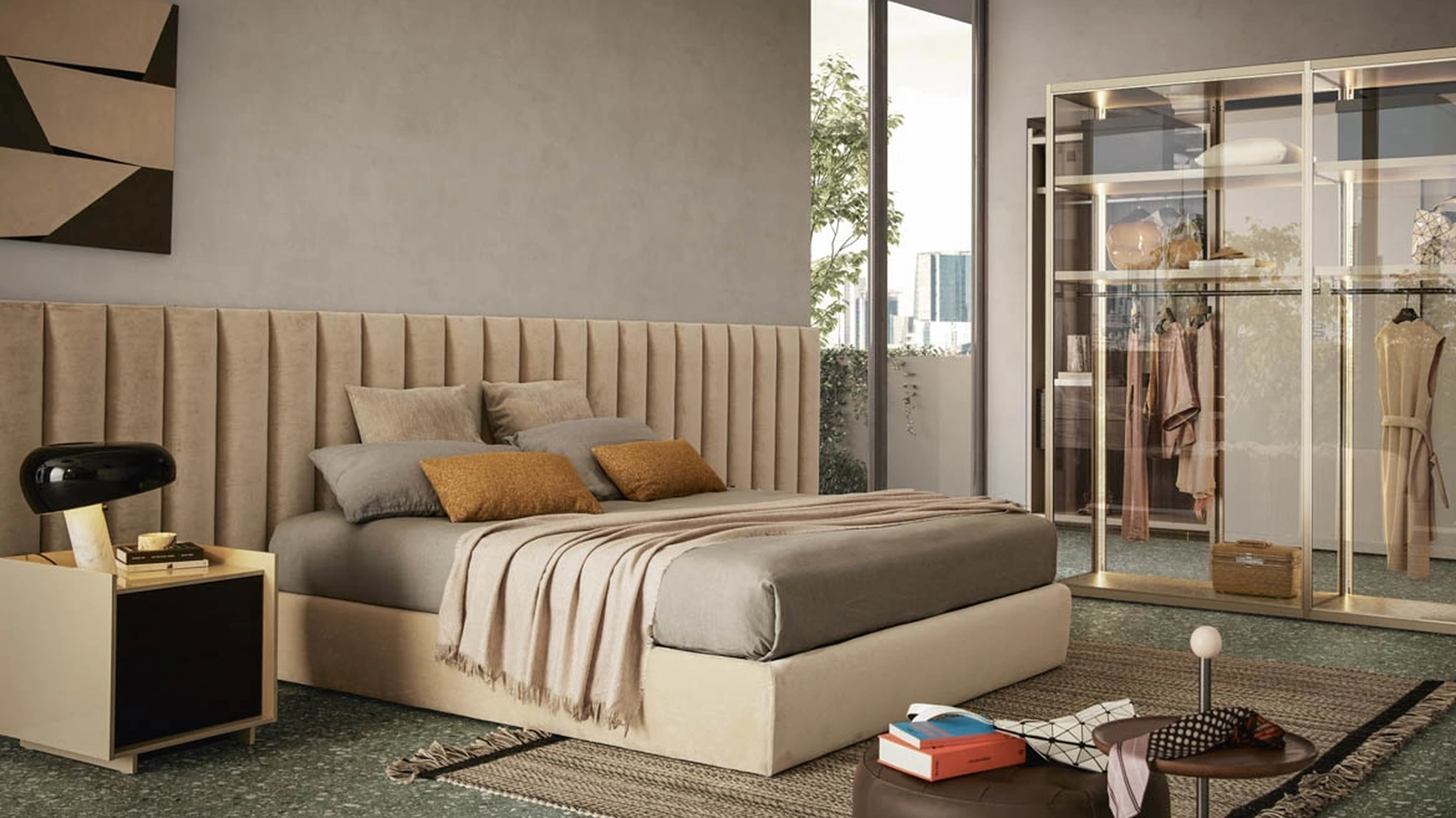 Letto Sommier in tessuto con Boiserie imbottita e trapuntata Soft di Pianca