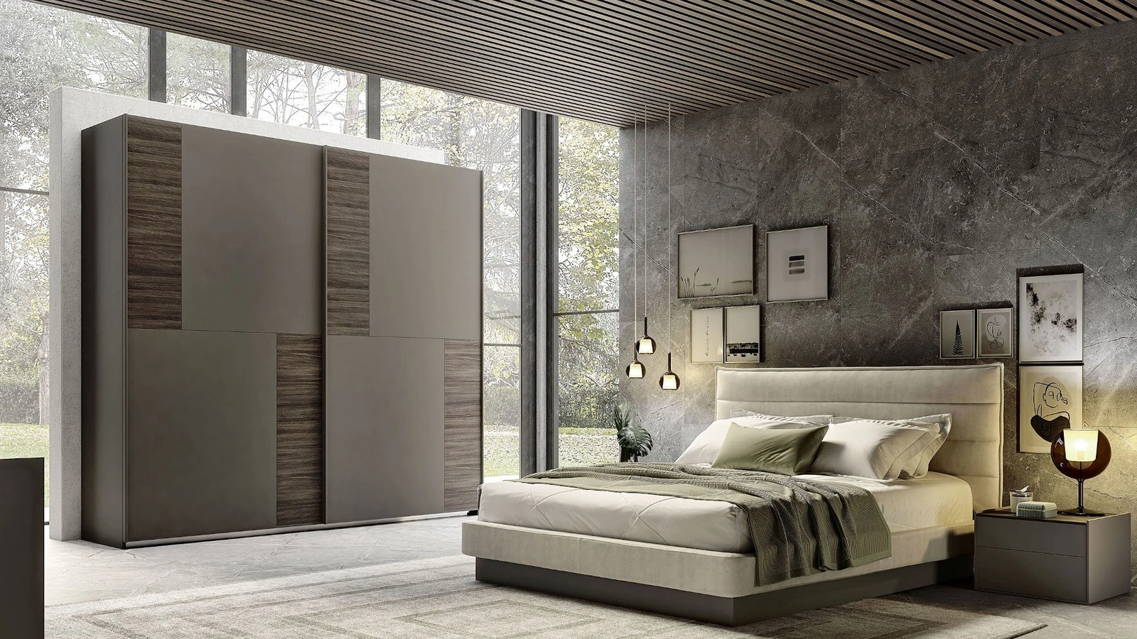 Letto imbottito con testiera in tessuto a cuciture orizzontali Doghe di S75