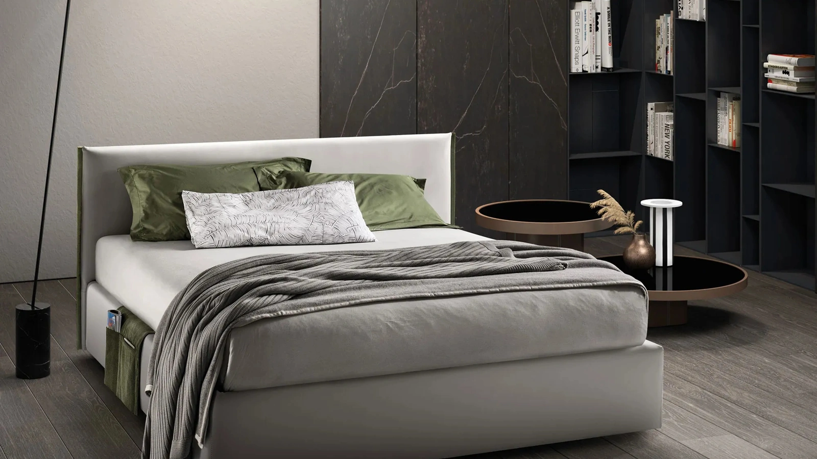 Letto in tessuto imbottito con testiera e box contenitore Good Rim di Bside