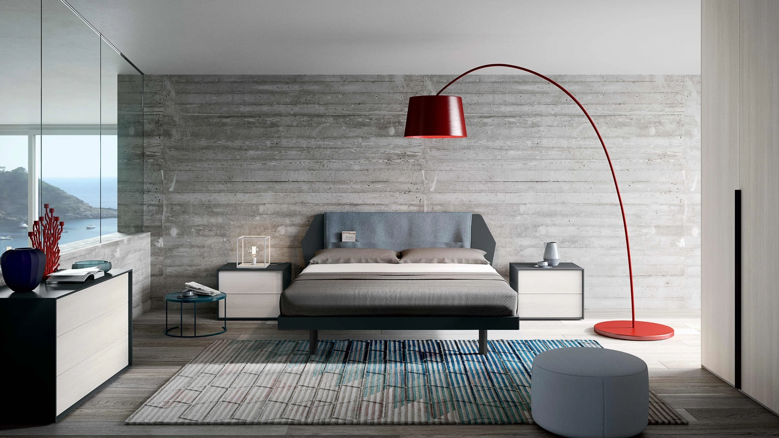 Letto con testiera rivestita da un pannello in tessuto con tasche Mooby di Spagnol Mobili