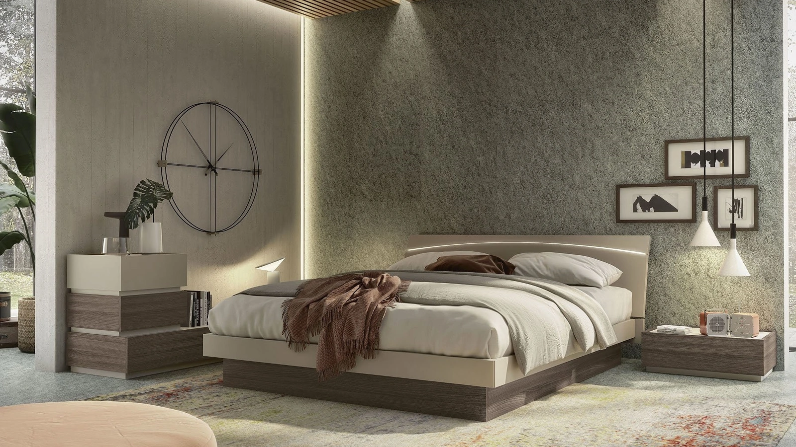 Letto con testiera illuminata a led in finitura beige e olmo dark Moon Led di S75