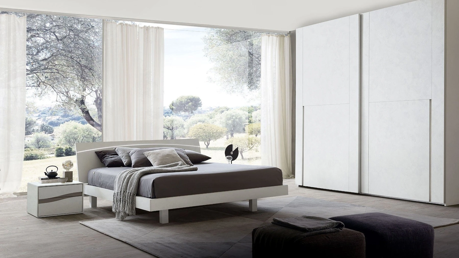 Letto con testiera illuminata a led in finitura cemento bianco dark Moon Led di S75