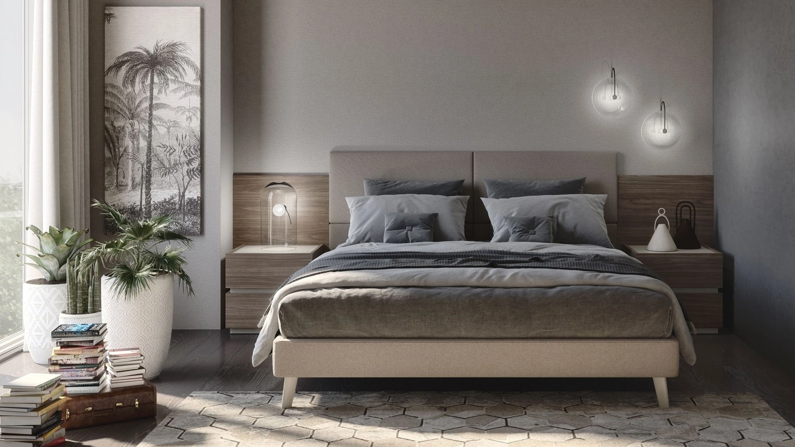 Letto in tessuto con testiera Jolly con 4 pannelli imbottiti di S75