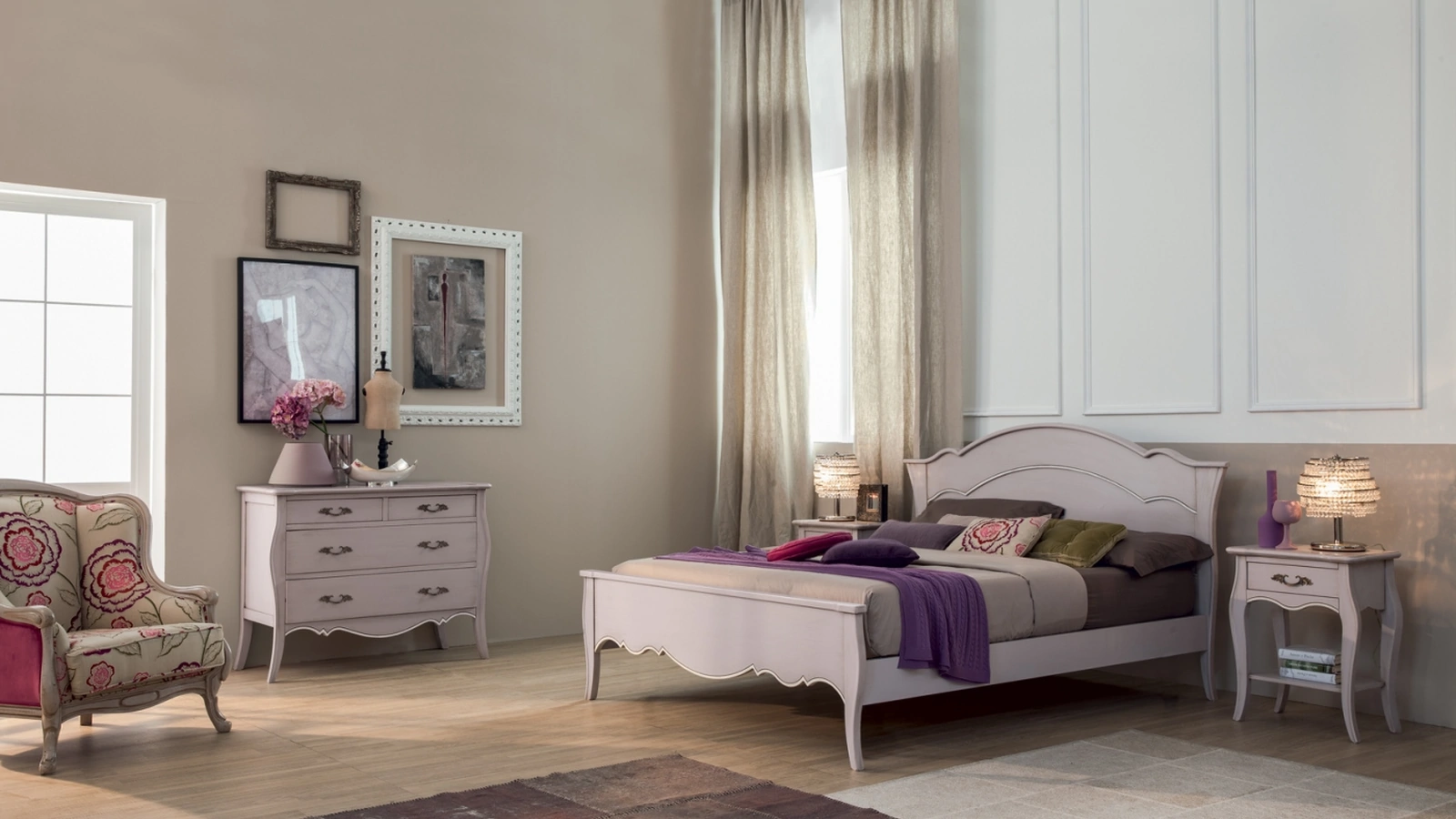 Letto in legno laccato lilla con decori lineari Sandy di Tonin Casa 