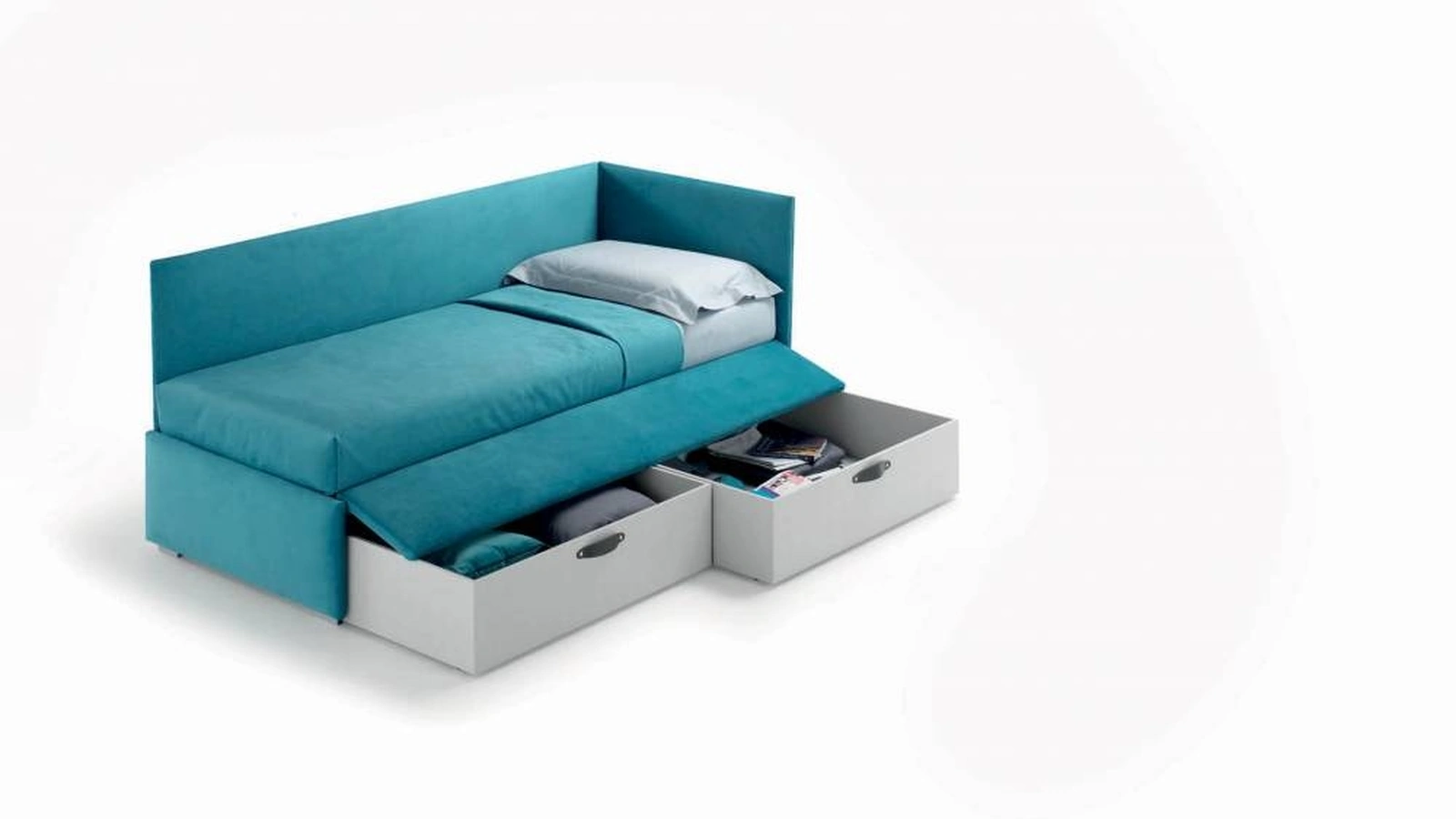 Letto singolo in tessuto imbottito con contenitori estraibili Twice Angolo Alto di Bside