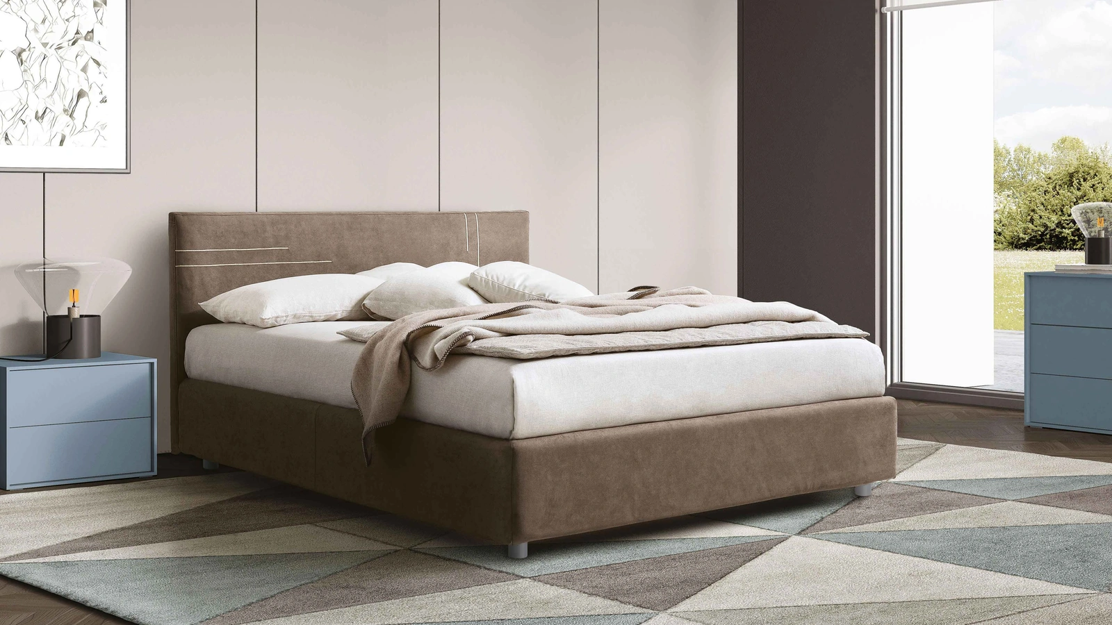 Letto in Nabuk con box contenitore Roger di Spagnol Mobili