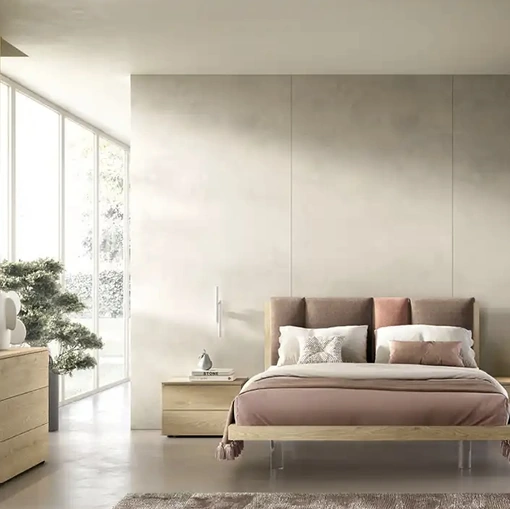 Letto Take I13 in rovere miele con testiera in tessuto imbottito di Moretti Compact Giorno Notte
