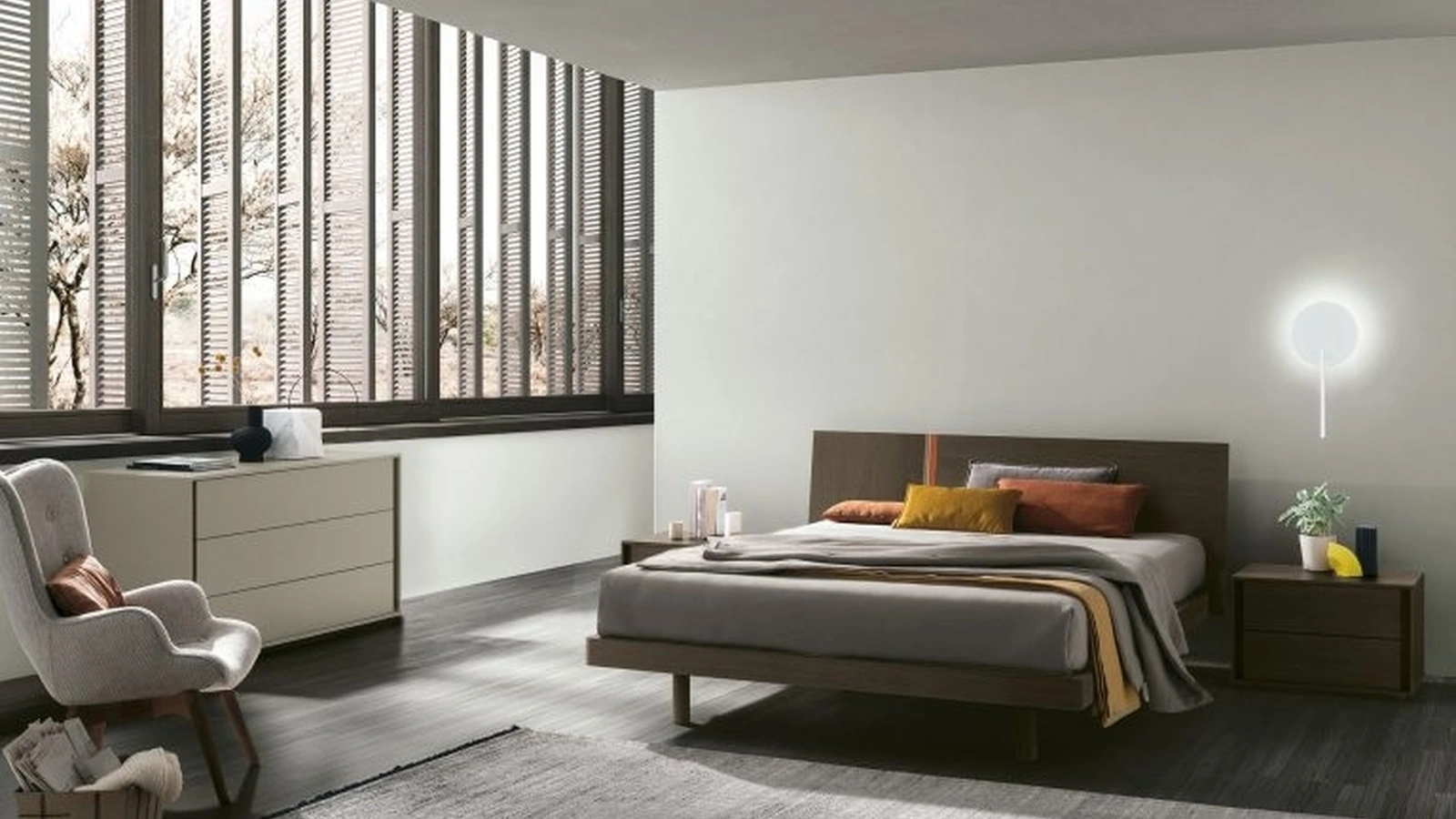 Letto con testiera Ken in materico rovere moka di Tomasella