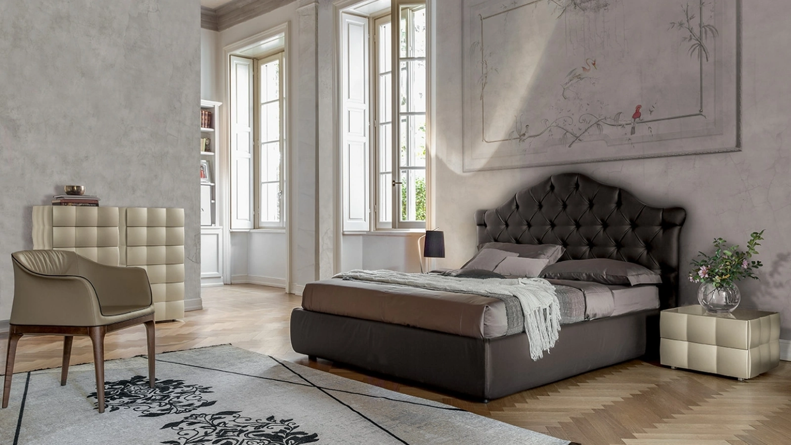 Letto in pelle con testiera trapuntata Veneziano di Tonin Casa