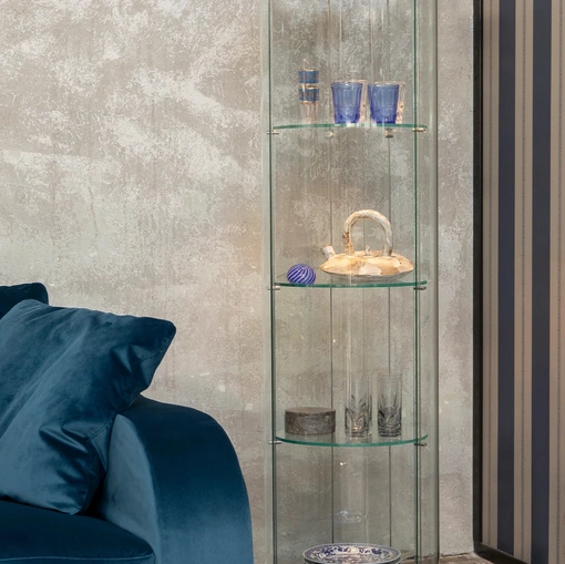 Libreria in vetro con top e base in legno Ego Round di Tonin Casa