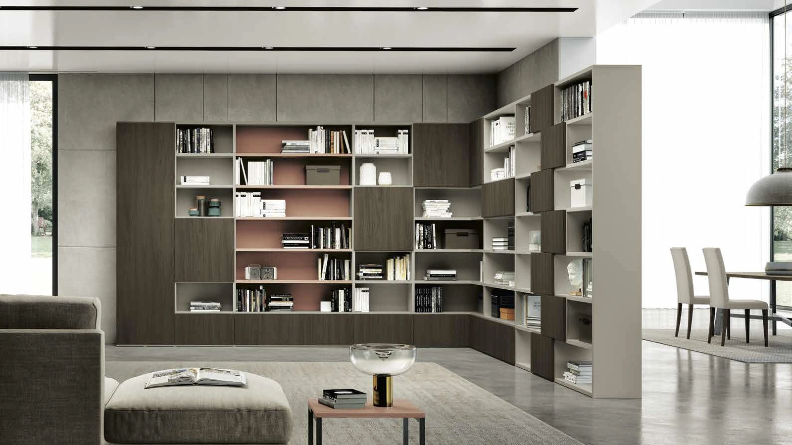 Libreria a muro e divisoria angolare Living 801 in melaminico e laccato di Spagnol Mobili