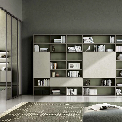 Libreria a muro Living 831 in laccato opaco e fimitura materica di Spagnol Mobili