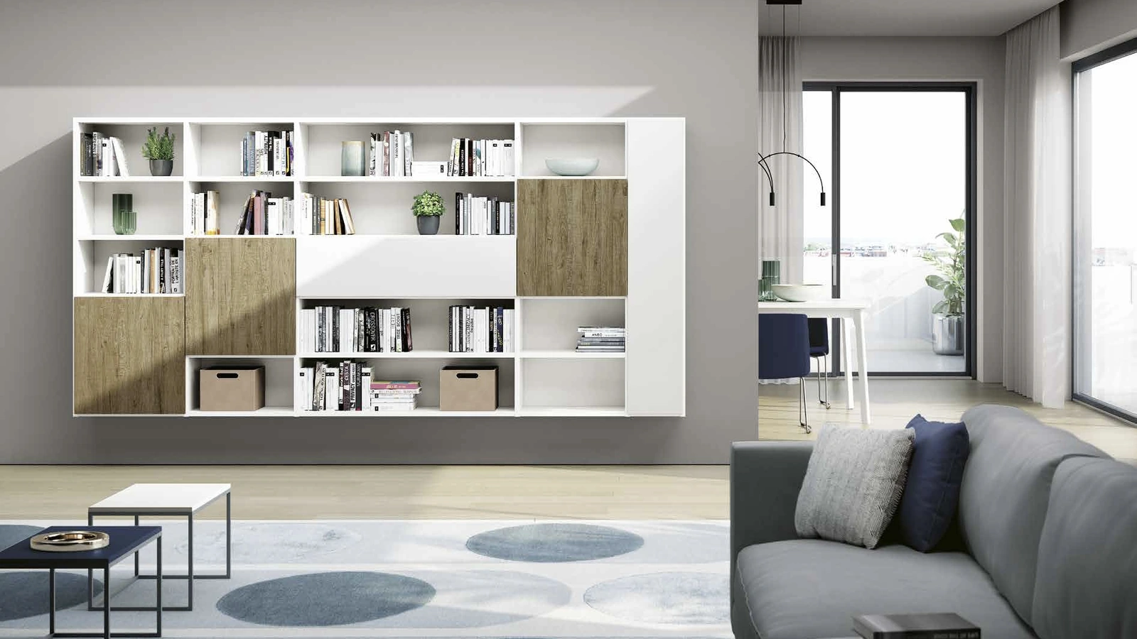 Libreria sospesa Living 845 in laccato Bianco e melaminico Rovere nodato di Spagnol Mobili