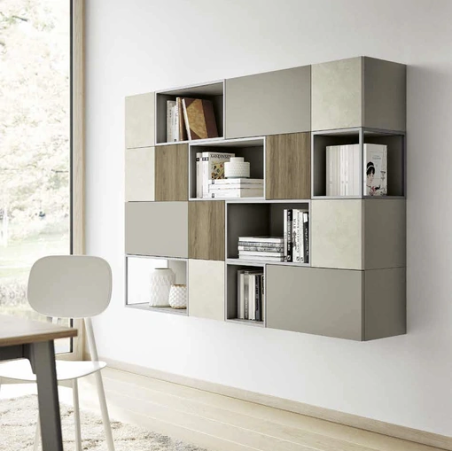 Libreria sospesa Living 856 Nordic in laccato, melaminico Noce e materico Touch Madreperla di Spagnol Mobili