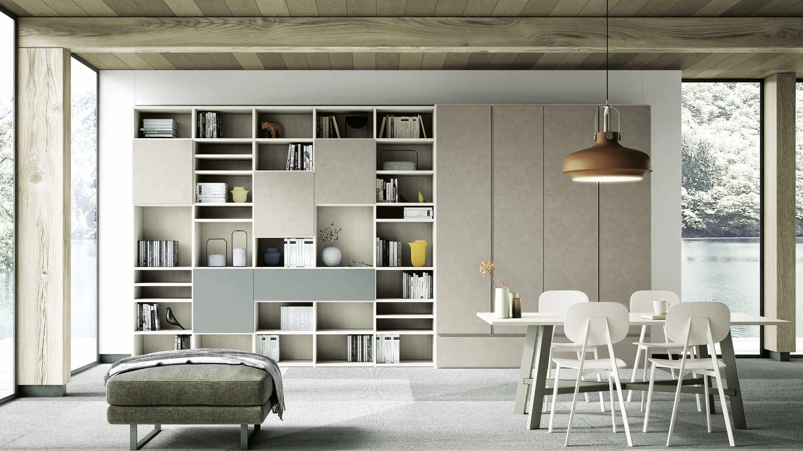 Libreria a muro Living 858 in materico Touch Sabbia, melaminico Noce Sider e laccato opaco Giada di Spagnol Mobili