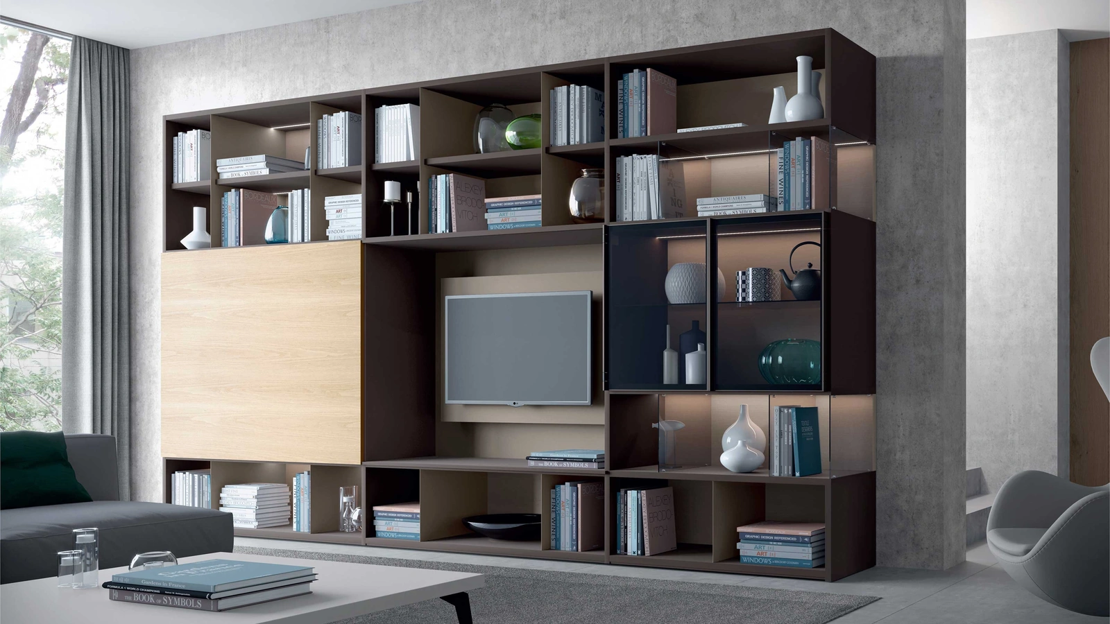 Libreria Mood 05 in laccato opaco e Rovere Artico di Astor Mobili