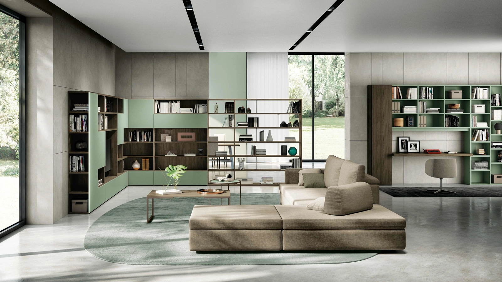 Libreria componibile a muro e divisoria Vega Day 02 in laccato opaco e melaminico di Spagnol Mobili