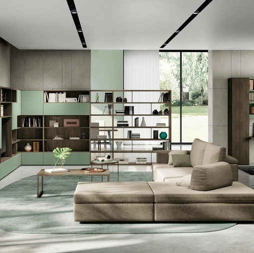 Libreria componibile a muro e divisoria Vega Day 02 in laccato opaco e melaminico di Spagnol Mobili