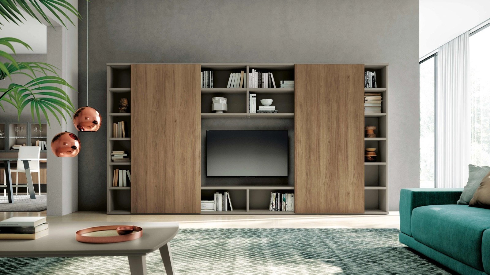 Libreria a muro Vega Day 03 in melaminico finitura noce Canaletto e laccato opaco di Spagnol Mobili