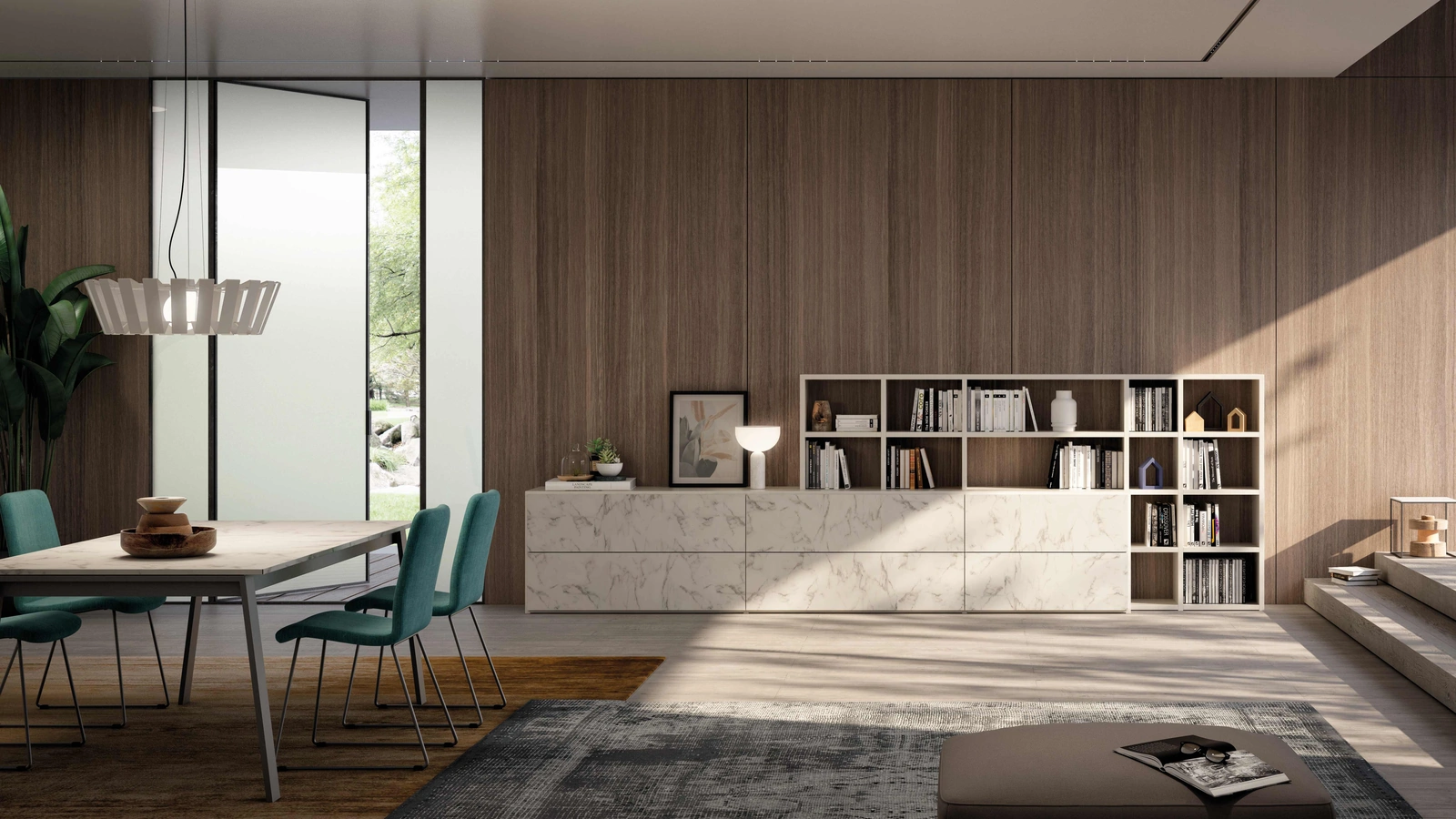 Libreria Vega Day sovrapposto 01 in laccato opaco e finitura Bianco Statuario di Spagnol Mobili